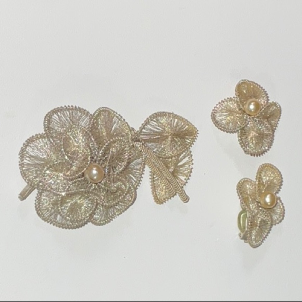 Germany Spun Wire Pin & Clip Earrings with Faux Pearl Silver Toned Wire Vintage
